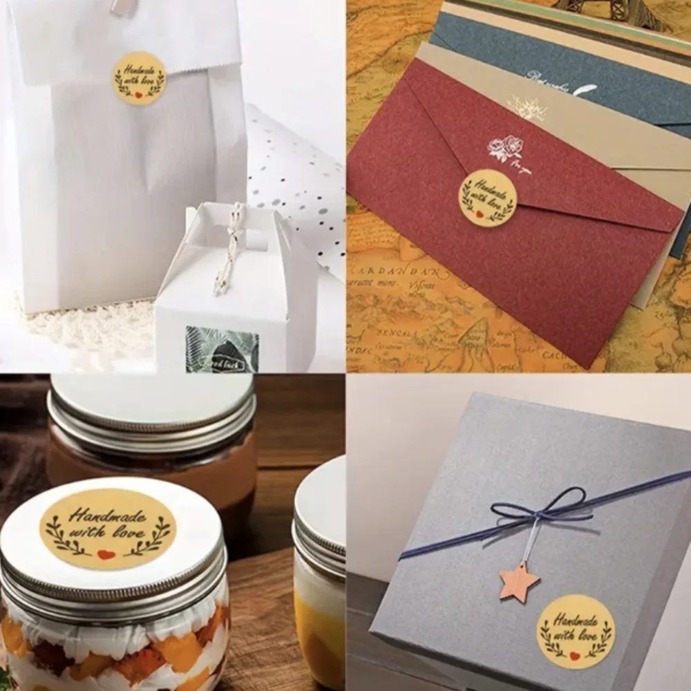 🆕✅500pcs/roll Handmade With Love Stickers ❤️- Light Brown Kraft Labels